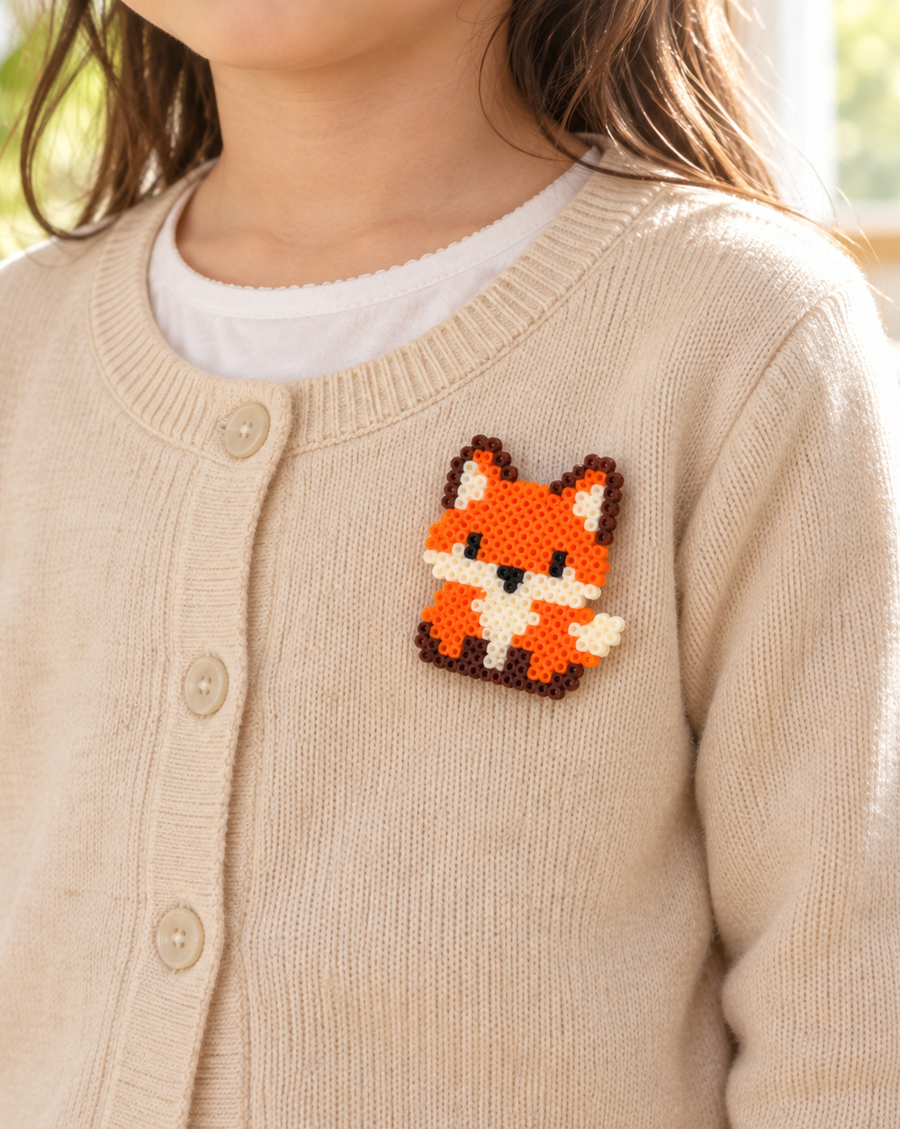子供の服の胸にキツネの作品をつけたイメージ